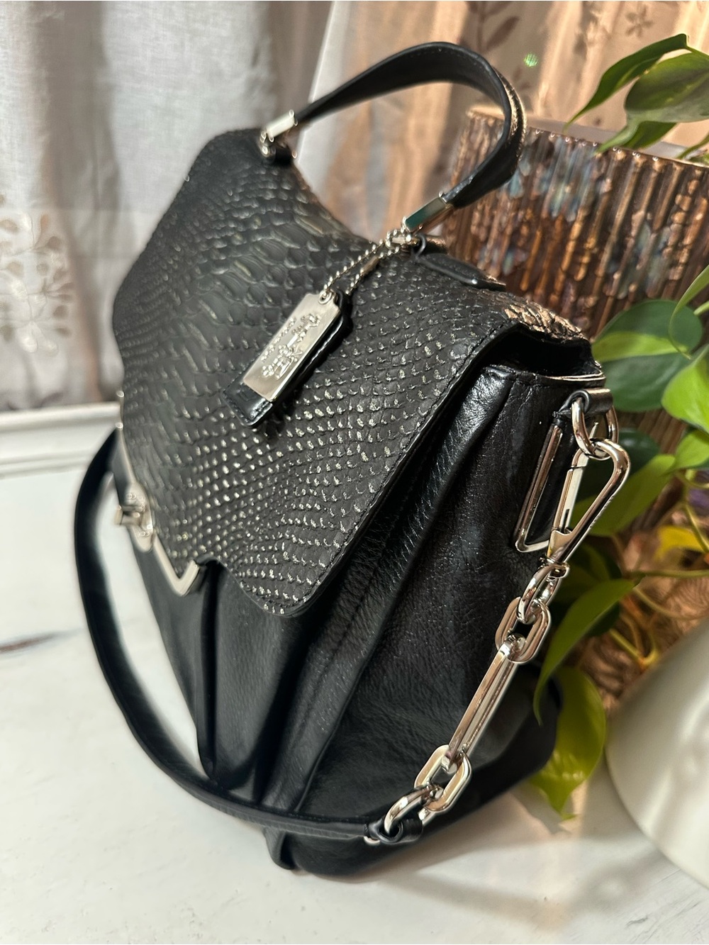 Coach Black Leather Python-Embossed Madison Flap Satchel - Picture 3 of 12